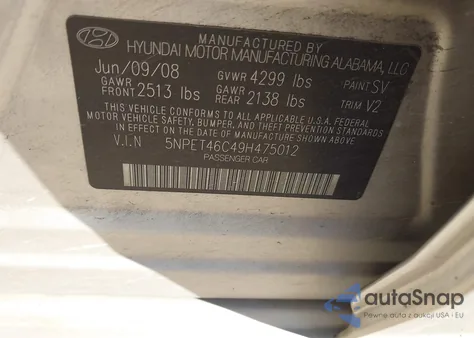 2009 Hyundai Sonata Gls from USA, damaged, VIN 5NPET46C49H475012